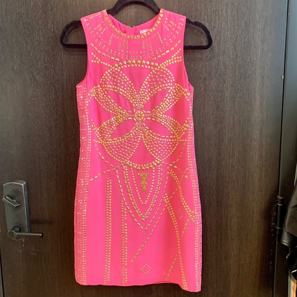Versace x H&M Barbie Pink Gold Studded Sleeveless Mini Dress Womens Sz 4 - Picture 4 of 15